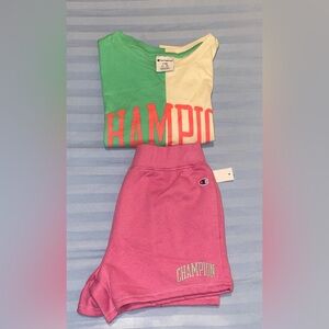 Girls Champion Green and Cream Tee with Pink Shorts